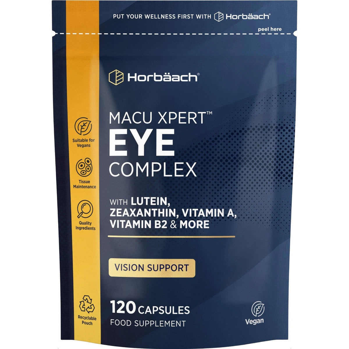Horbäach Macu Xpert Eye Complex, 120 vegan capsules bottle, for eye health support.