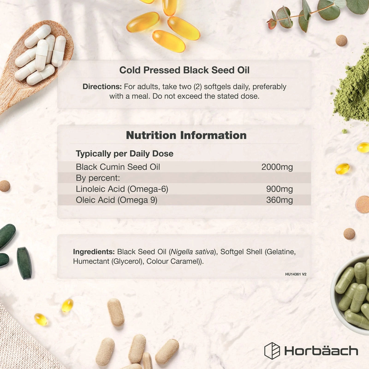 HU Black Seed Oil 2000mg 120 Softgels with directions, nutrition facts (2000mg Black Cumin Seed Oil), and ingredients list.