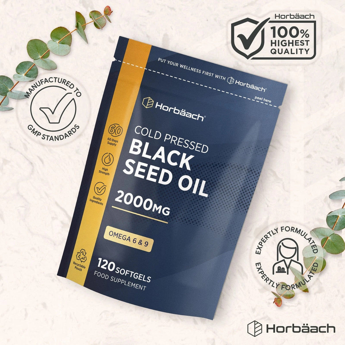 Horbäách Cold Pressed Black Seed Oil 2000mg, 120 softgels in a food supplement pouch.
