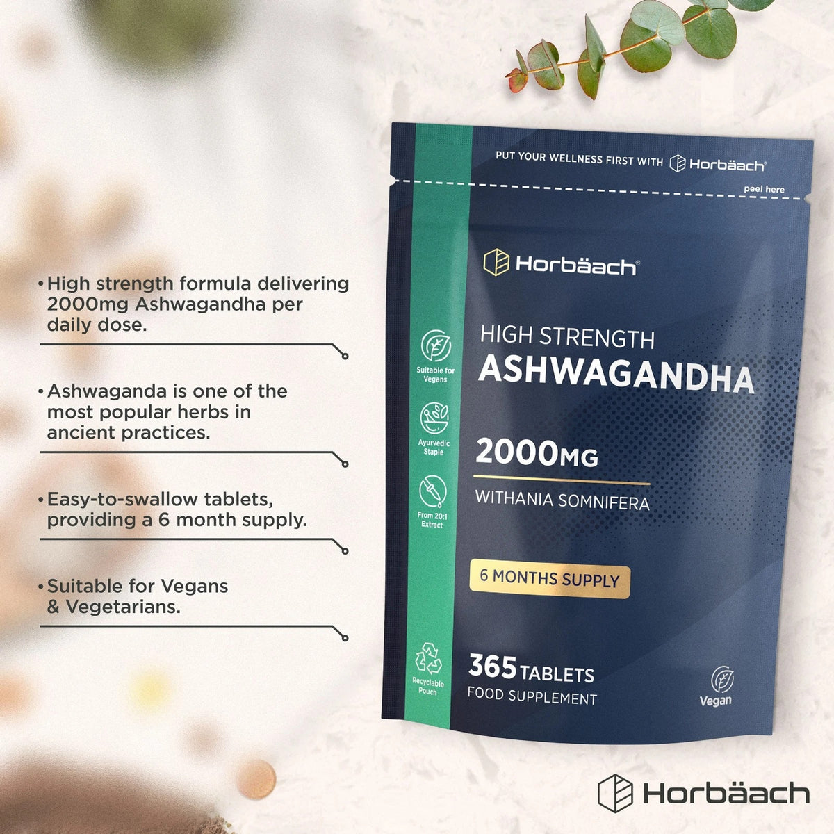 High Strength Ashwagandha 2000mg in 365 vegan tablets, a 6-month supply, packaged in a dark blue and green pouch.