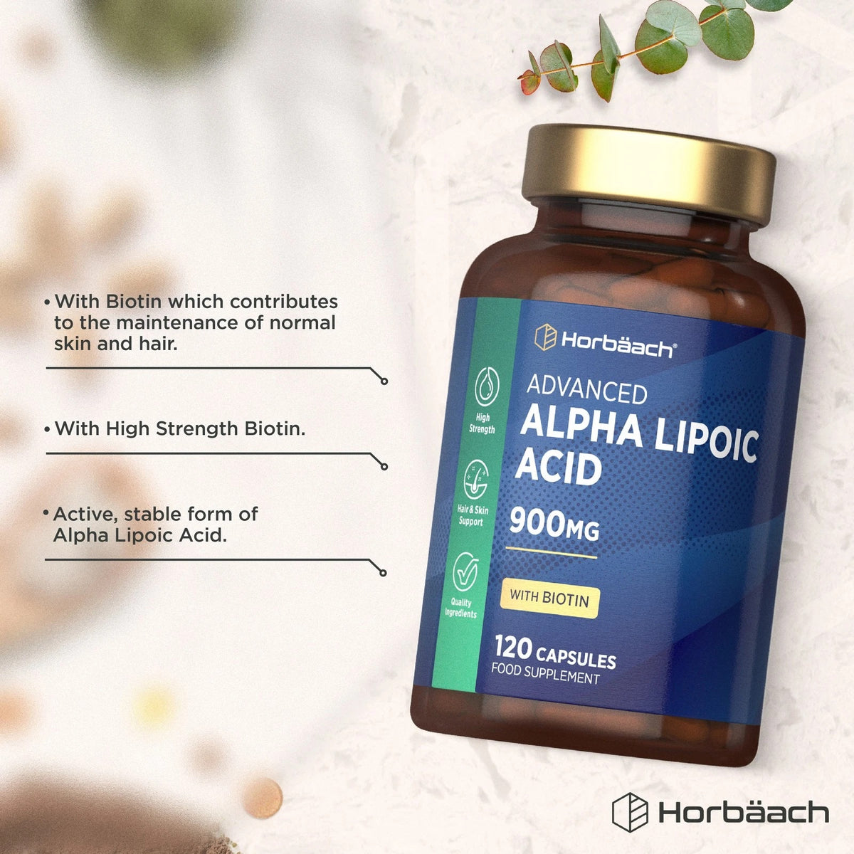 Horbäach ADVANCED Alpha Lipoic Acid 900mg, 120 capsules bottle.