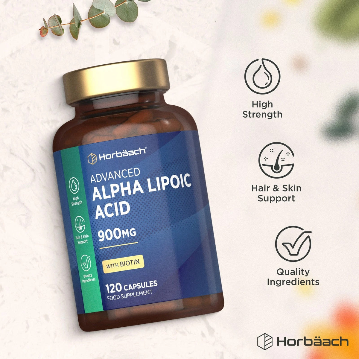 This product highlights its high strength, hair and skin support, and quality ingredients.
