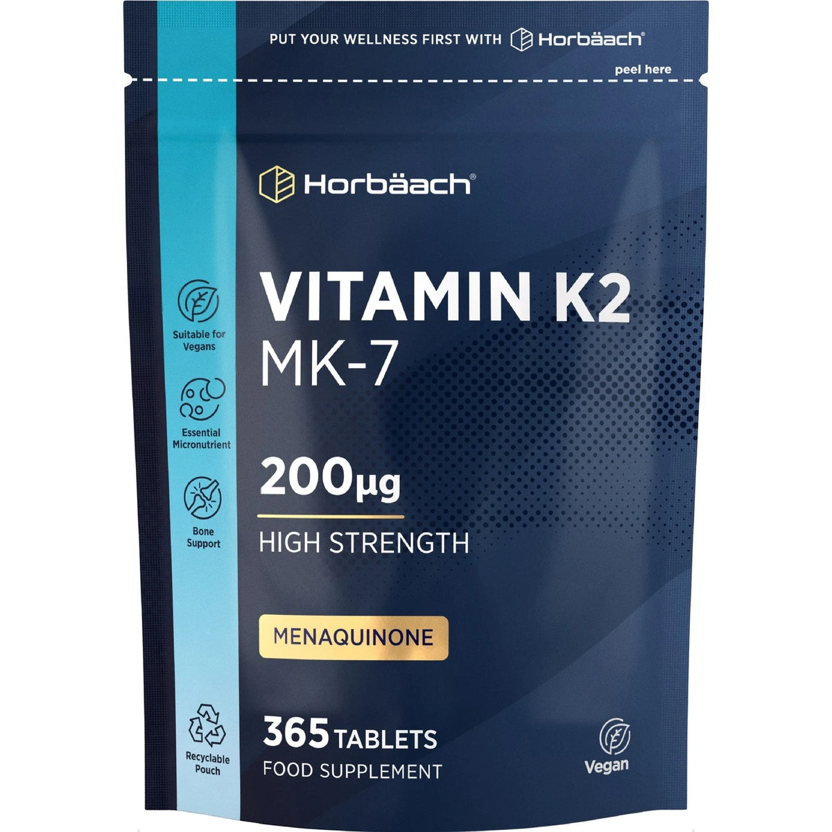 High strength Vitamin K2 MK-7 200μg supplement with 365 vegan tablets, Menaquinone, food supplement.
