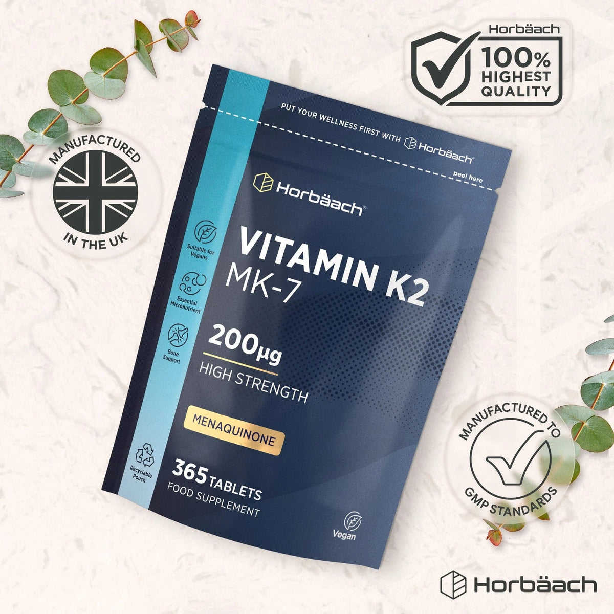 Horbäach Vitamin K2 MK-7 200µg supplement with 365 tablets in a recyclable vegan pouch.