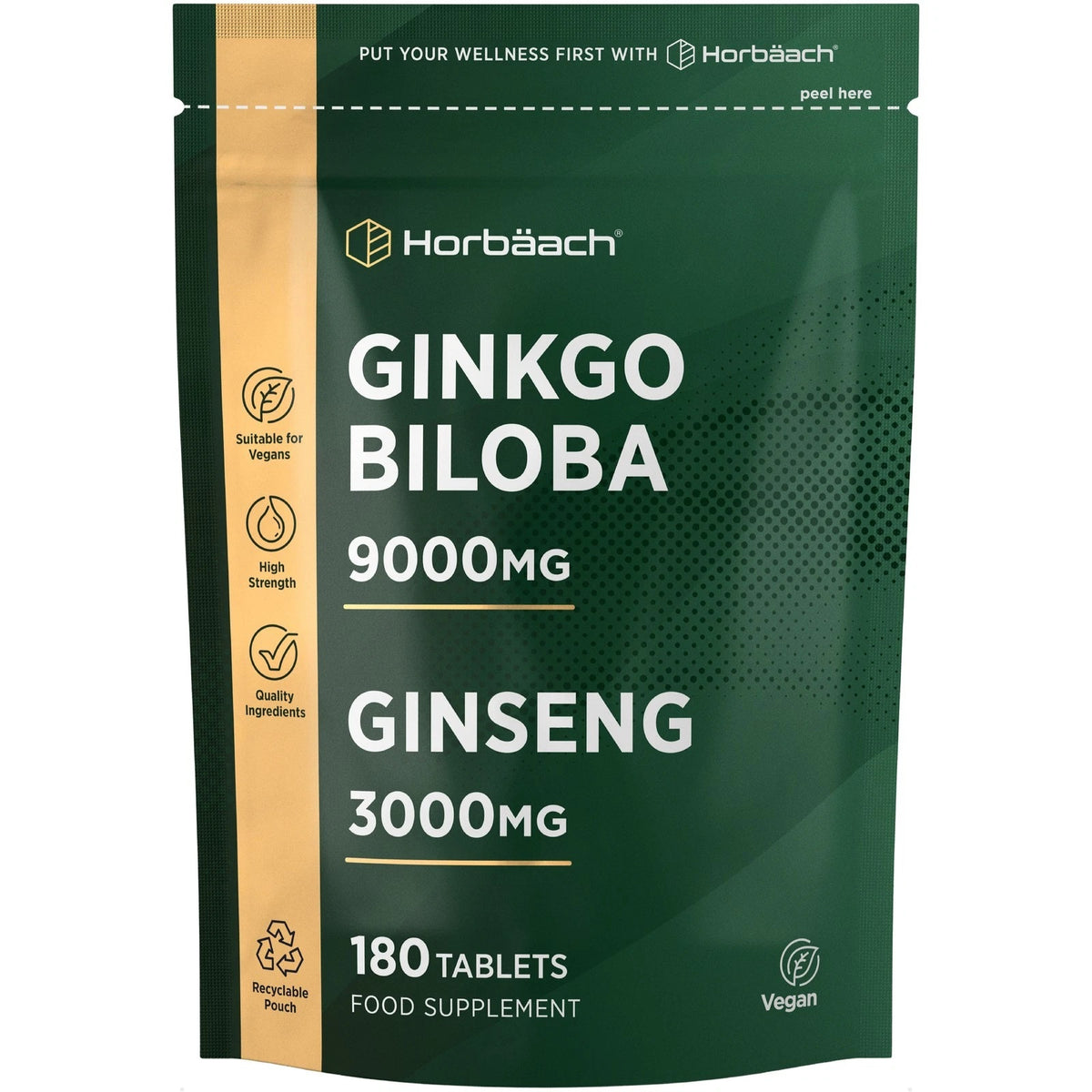Horbäach Ginkgo 9000mg and Ginseng 3000mg Complex with 180 Vegan Tablets as a Food Supplement in a pouch.