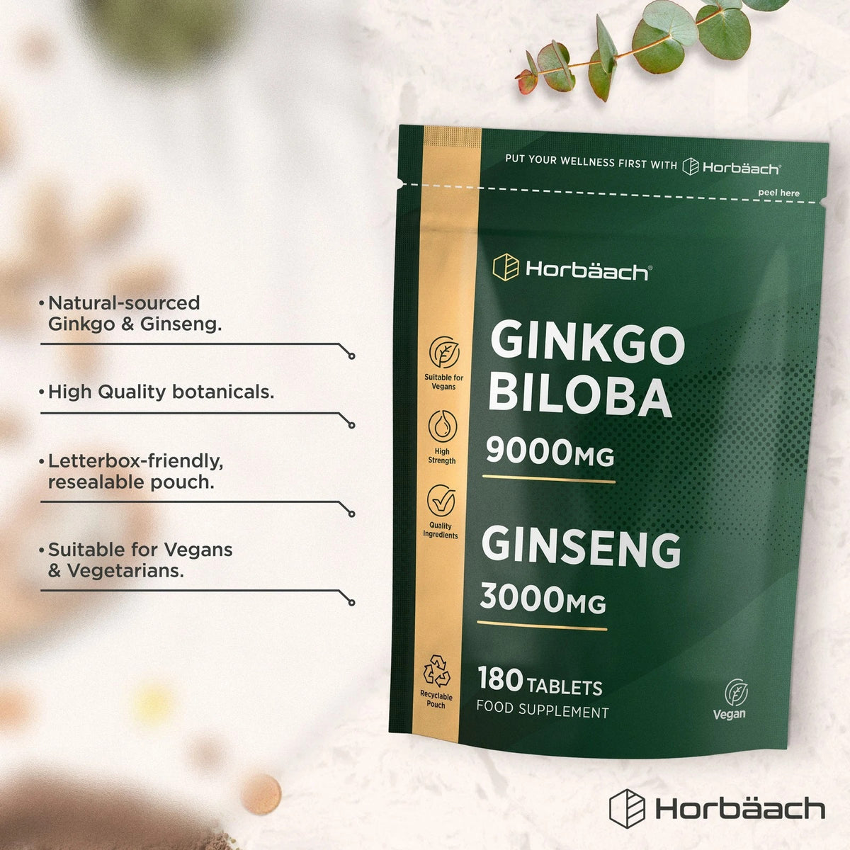 Ginkgo Biloba 9000mg and Ginseng 3000mg Complex with 180 vegan tablets in a food supplement pouch.