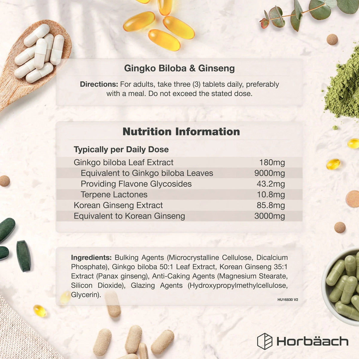 Ginkgo Biloba & Ginseng Complex 180 Vegan Tablets: detailed nutrition info, ingredients, and dosage directions.