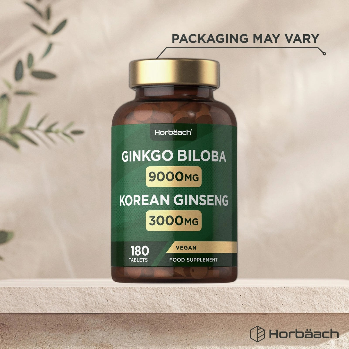 Horbäach Ginkgo Biloba 9000MG with Korean Ginseng 3000MG, 180 vegan tablets, as a food supplement.