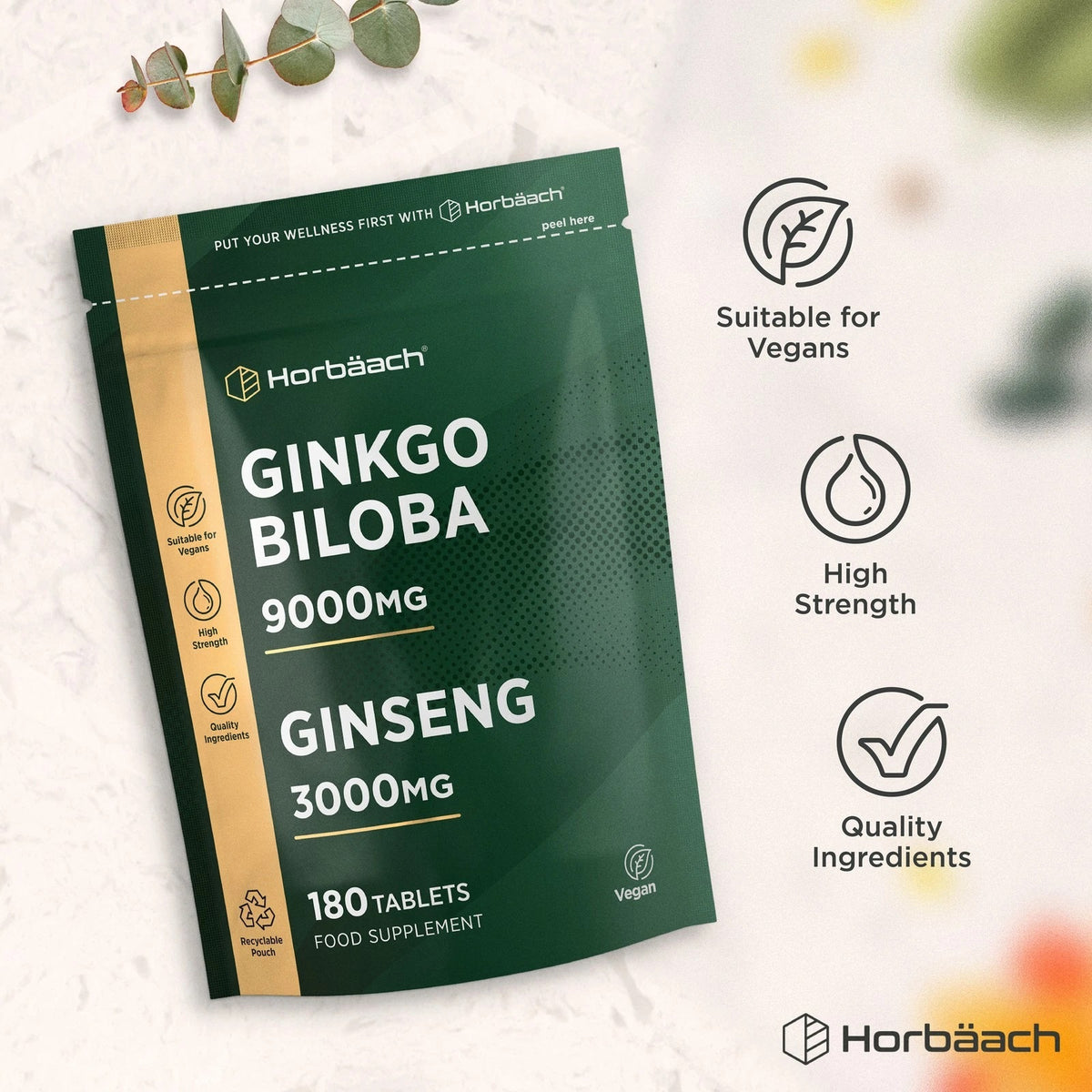 Horbäach Ginkgo 9000MG & Ginseng 3000MG, 180 vegan tablets pouch, offering high strength and quality ingredients.