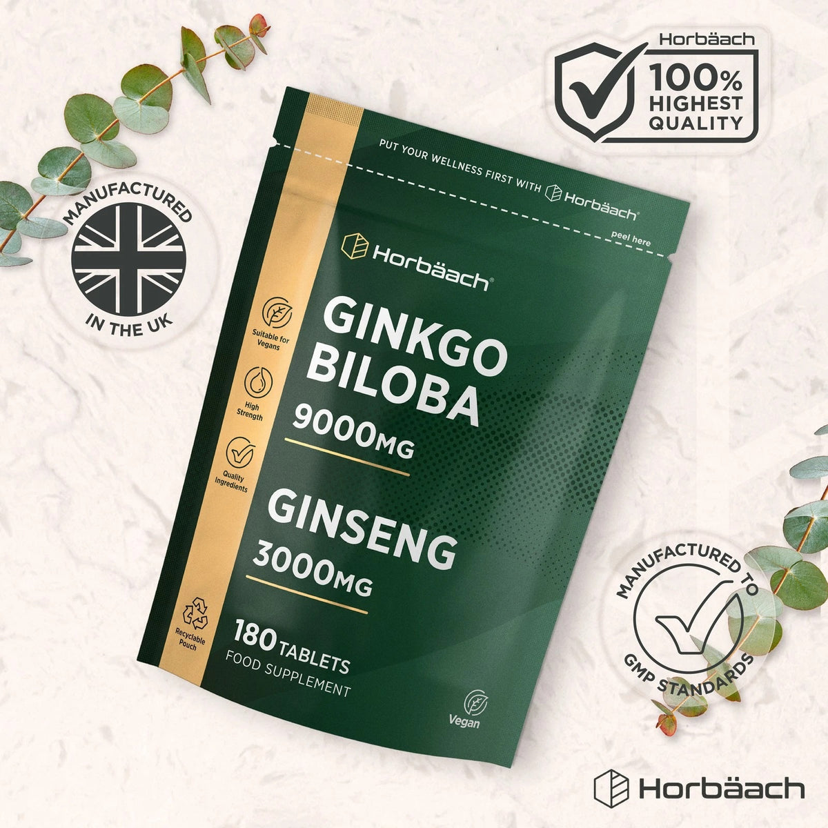 Horbäach Ginkgo Biloba 9000mg and Ginseng 3000mg Complex, 180 Vegan Tablets Food Supplement in a pouch.