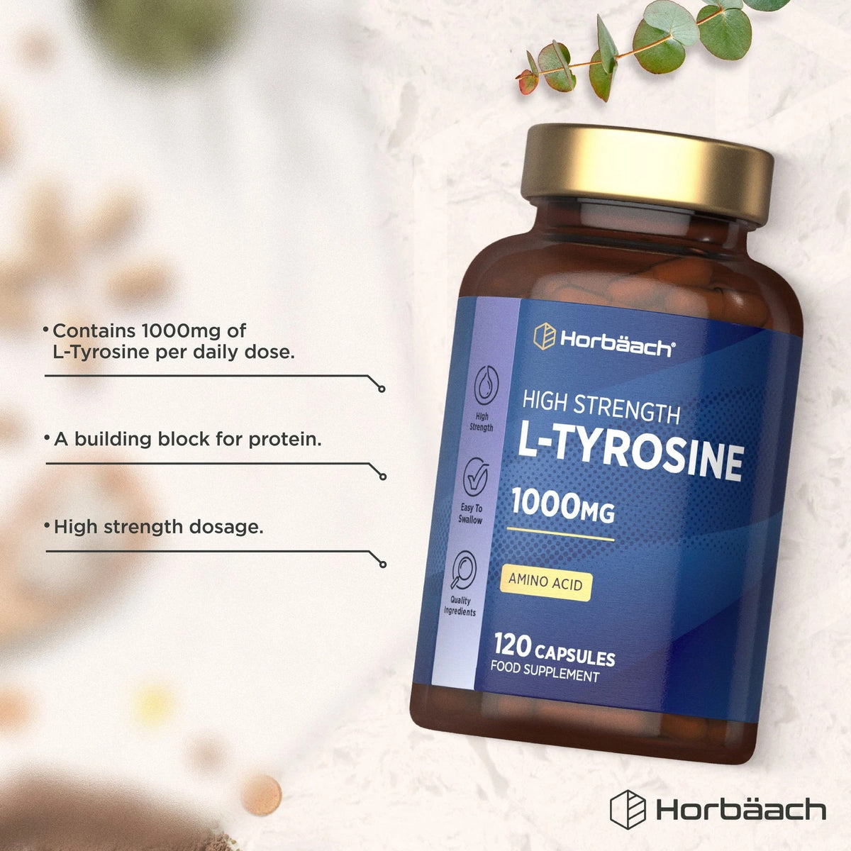 HU L-Tyrosine 1000mg High Strength Amino Acid in 120 Capsules as a food supplement for health support.