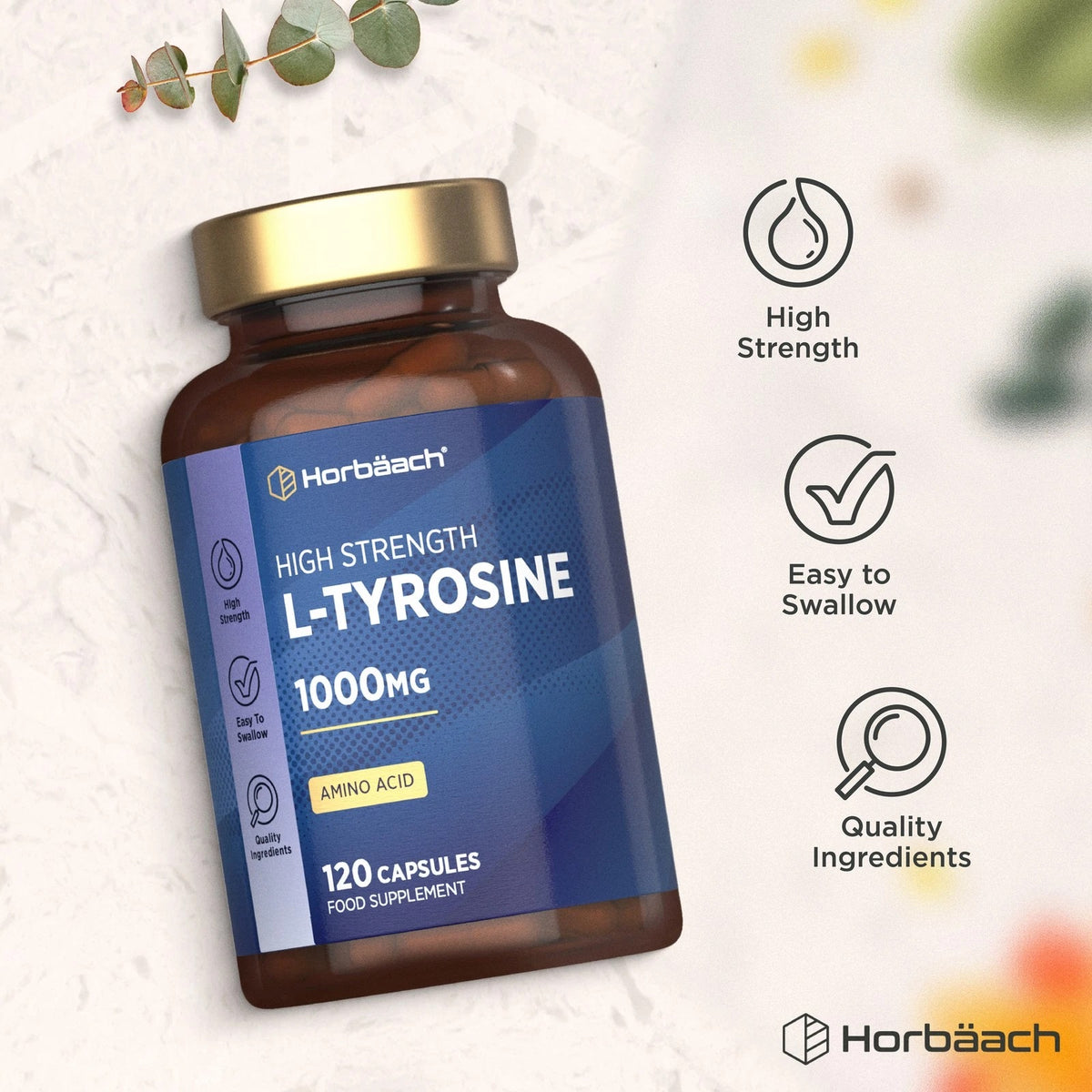 High Strength L-Tyrosine 1000mg supplement with 120 capsules.