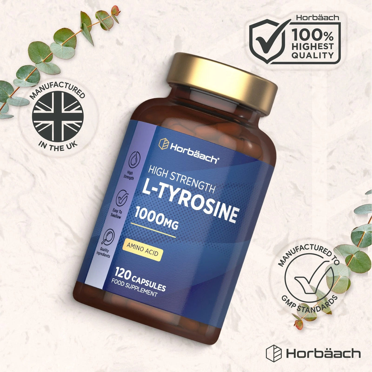 Horbäach High Strength L-Tyrosine 1000mg Amino Acid, 120 Capsules Food Supplement.