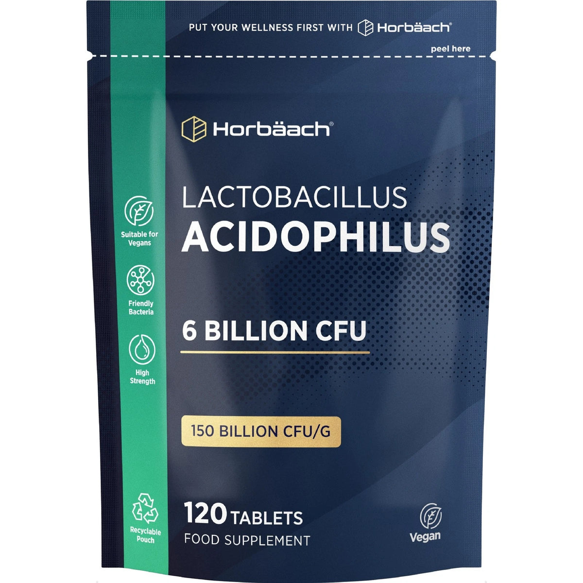 Horbäach Lactobacillus Acidophilus 6 Billion CFU tablets in a recyclable pouch, 120 count.