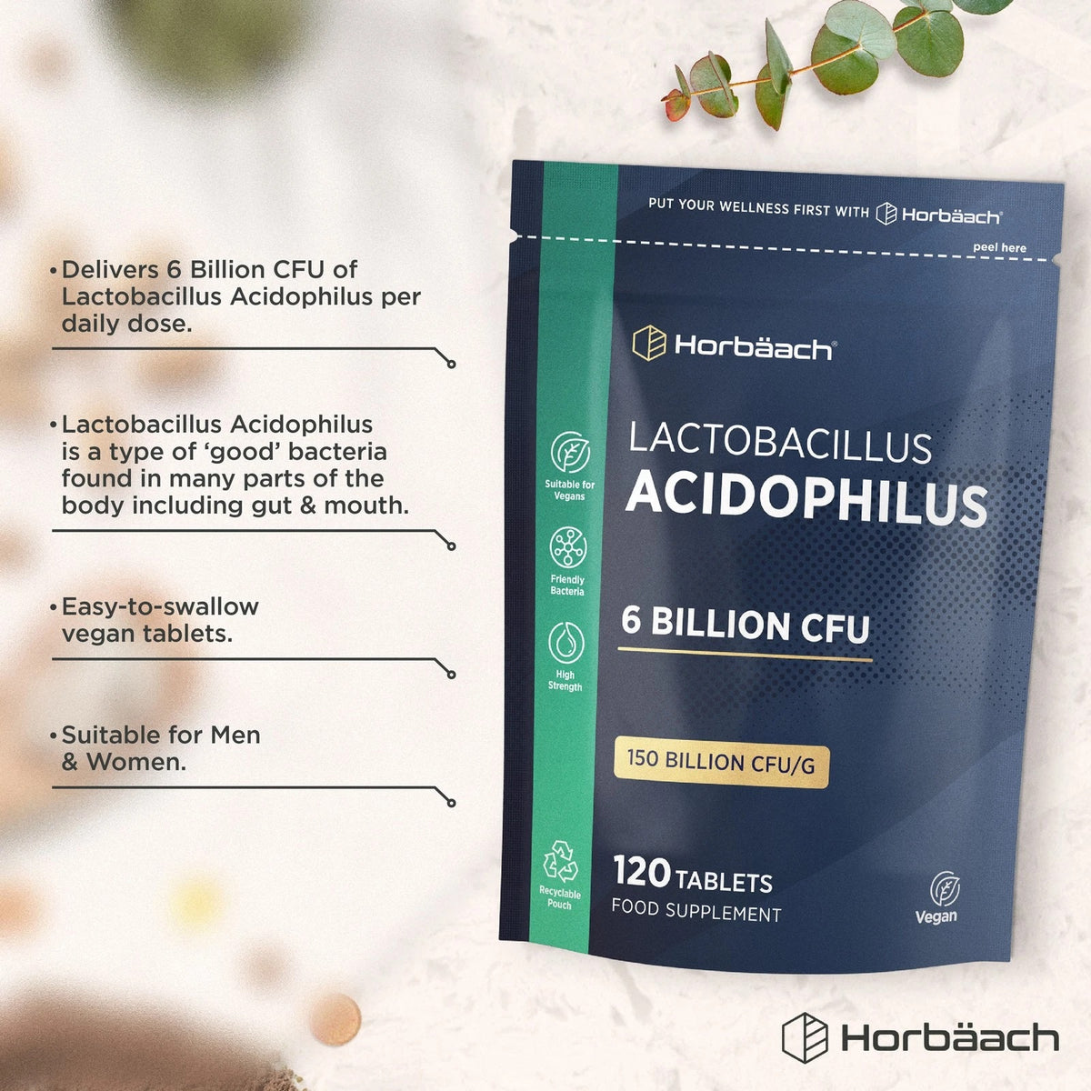 Lactobacillus Acidophilus supplement with 6 billion CFU, 120 vegan tablets for dietary support.