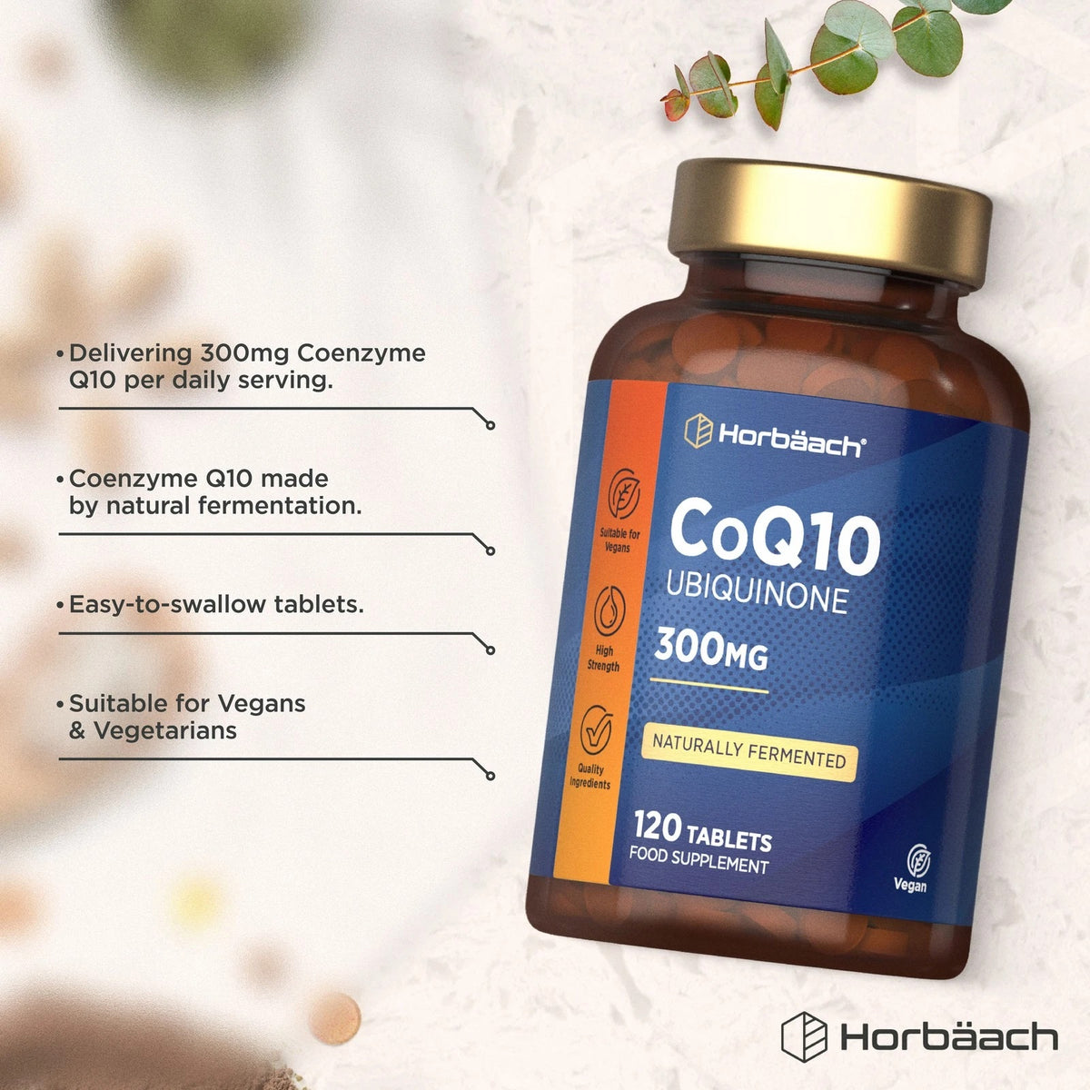 Horbäach CoQ10 Ubiquinone 300mg, 120 vegan tablets as a food supplement.