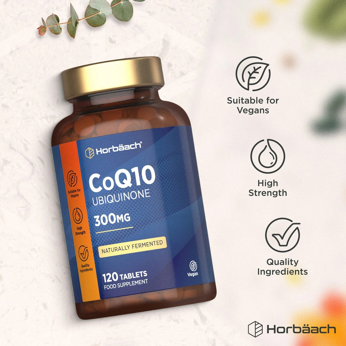 Horbäach CoQ10 Ubiquinone 300mg, 120 Vegan Tablets, Food Supplement.