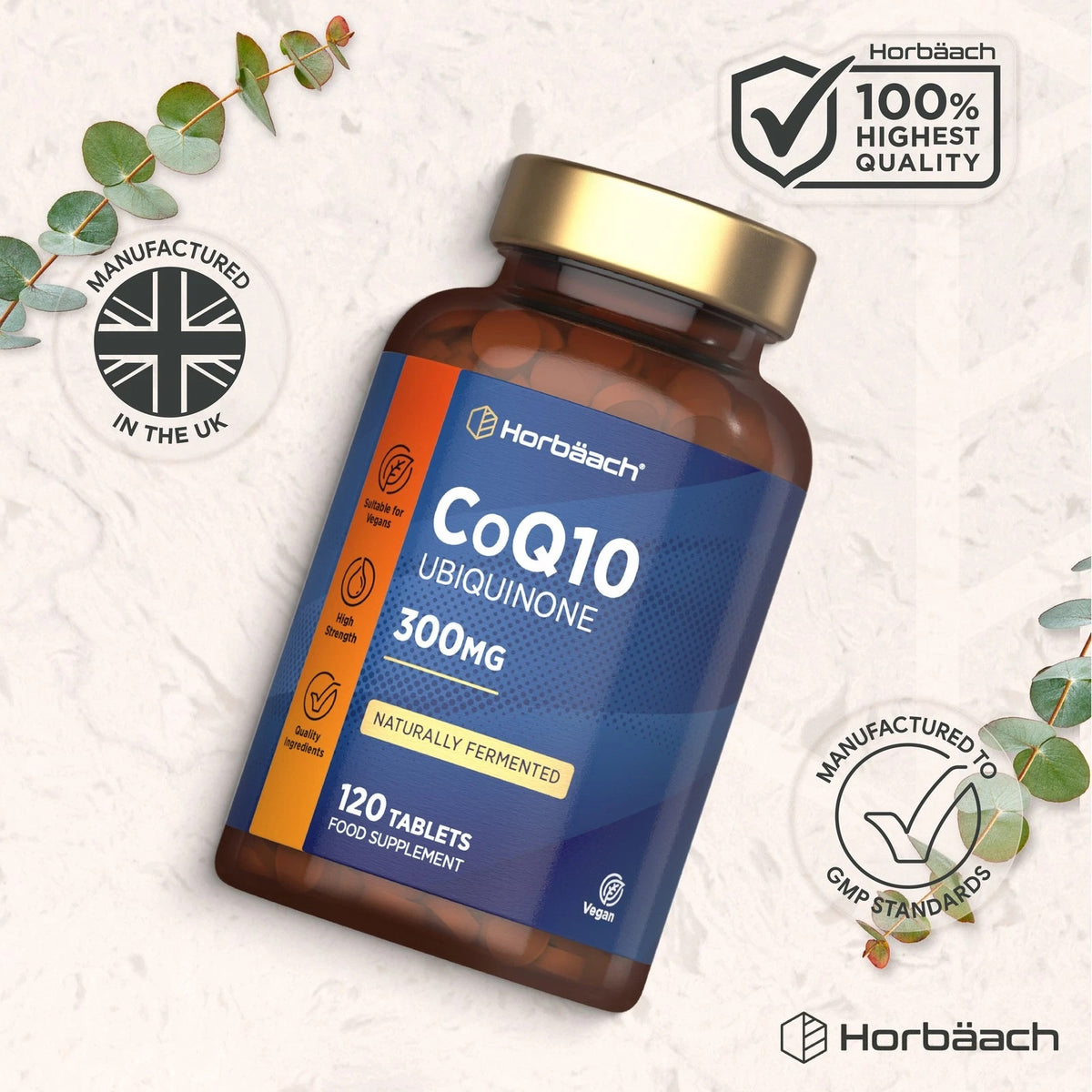 Horbäach CoQ10 Ubiquinone 300mg, 120 tablets, naturally fermented and vegan-friendly.