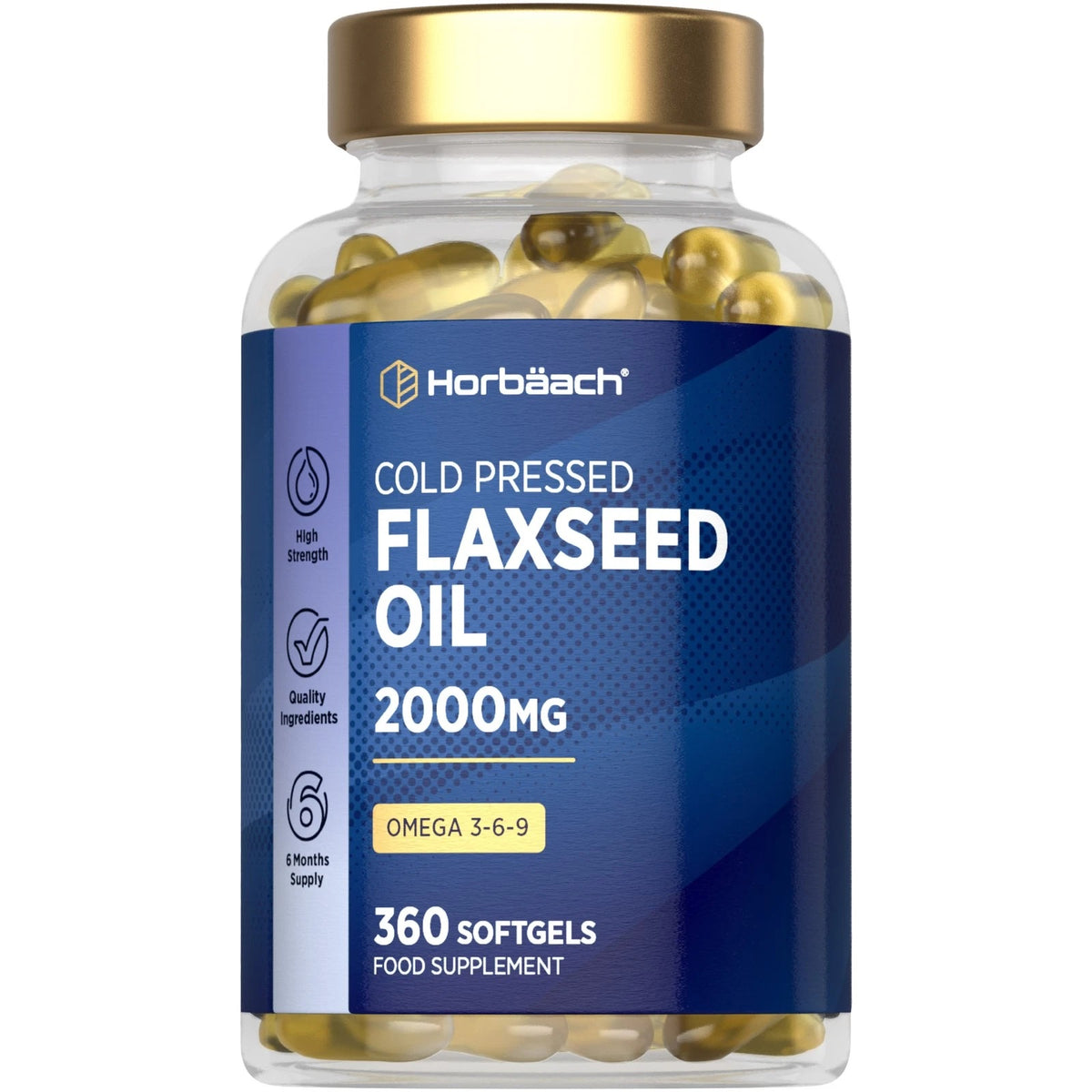 Horbäach Cold Pressed Flaxseed Oil 2000mg with Omega 3-6-9, available in 360 softgels for balanced nutrition.