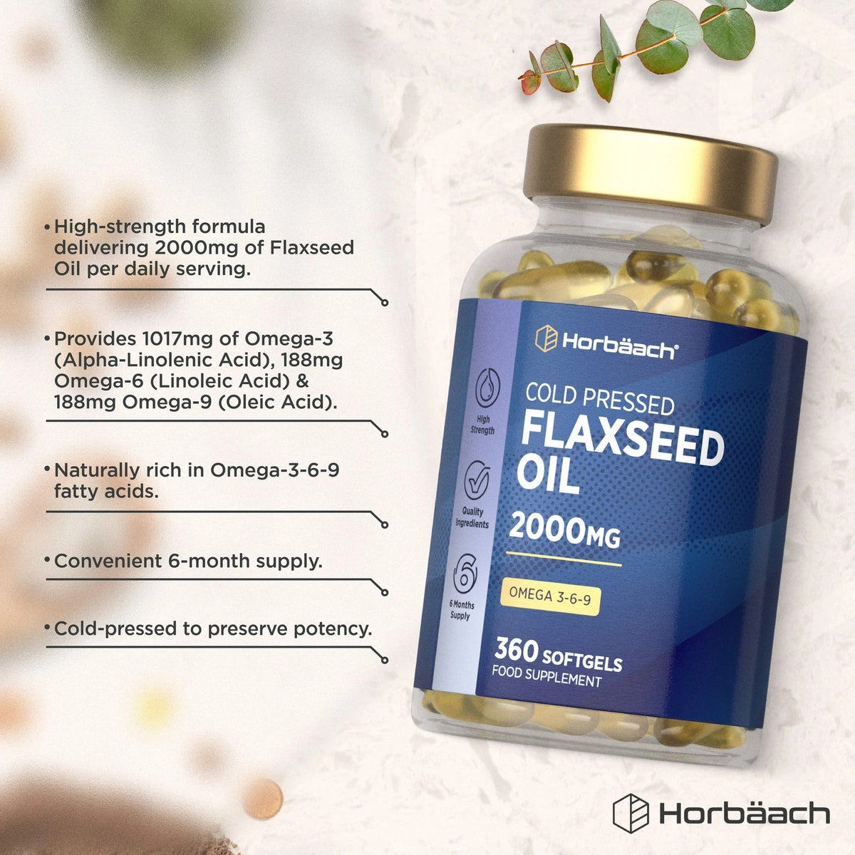 Horbäach Cold Pressed Flaxseed Oil 2000mg offers 360 softgels as an Omega 3-6-9 food supplement.