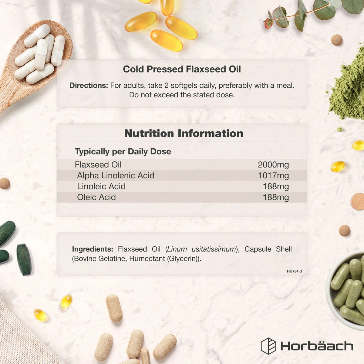 Cold Pressed Flaxseed Oil 2000mg softgels showing product directions, nutrition facts, and ingredient details.