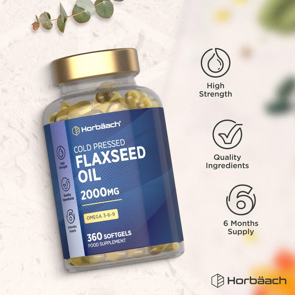 Horbäach Cold Pressed Flaxseed Oil 2000MG, 360 Softgels for daily omega-3 supplement.