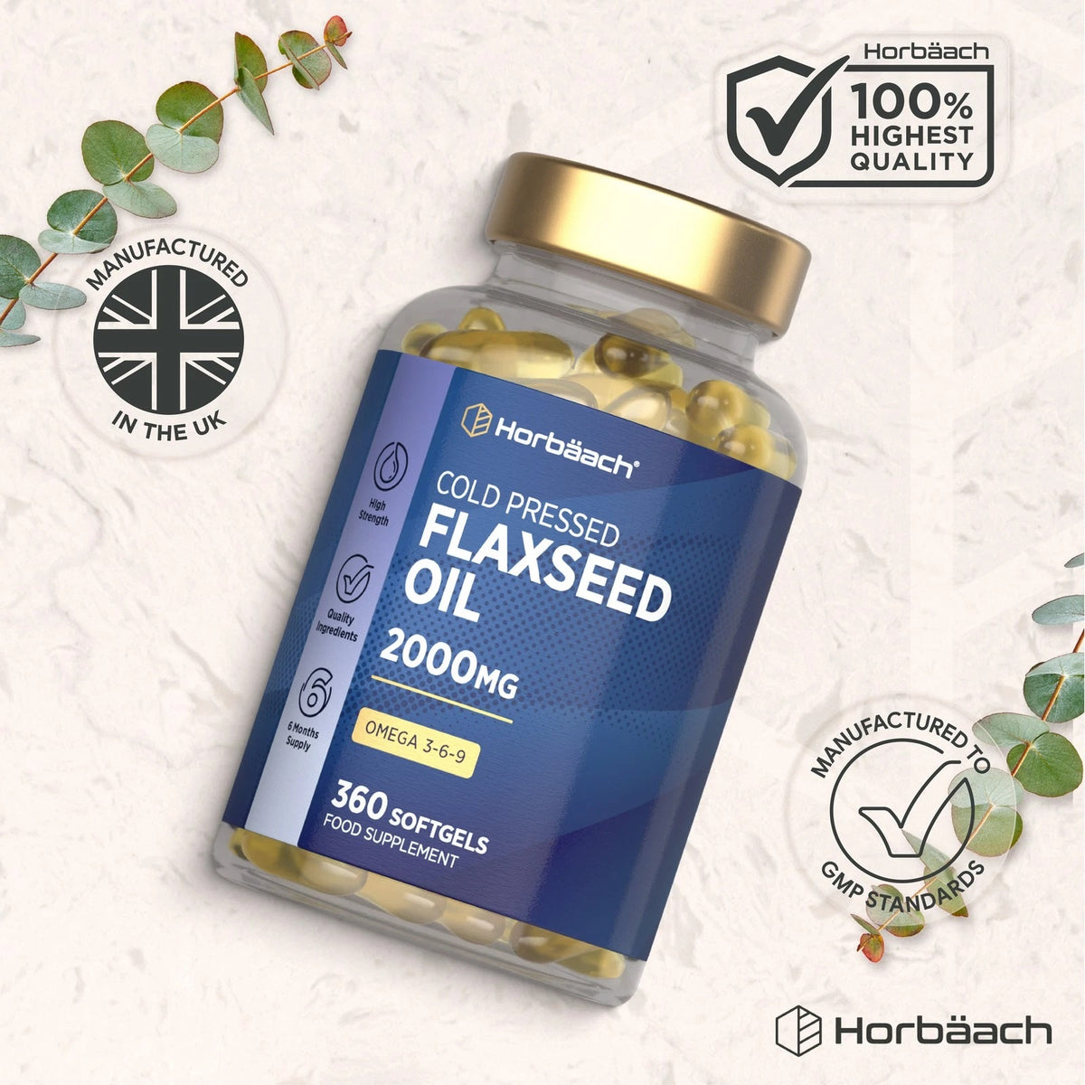 Horbäach Cold Pressed Flaxseed Oil 2000mg with 360 softgels, offering Omega 3-6-9 as a dietary supplement.