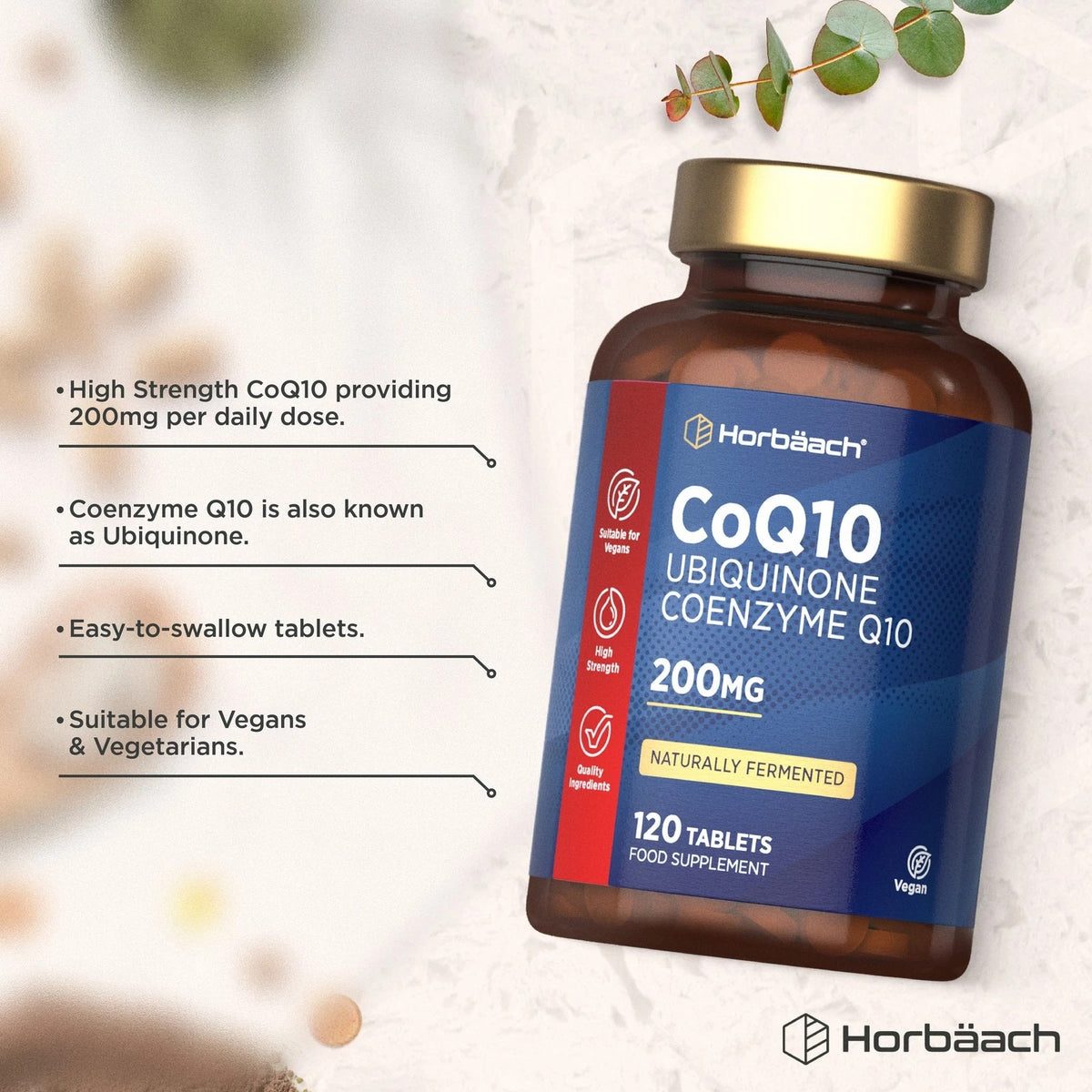 CoQ10 Ubiquinone Coenzyme Q10 200mg, 120 Tablets, Naturally Fermented Food Supplement, Vegan.