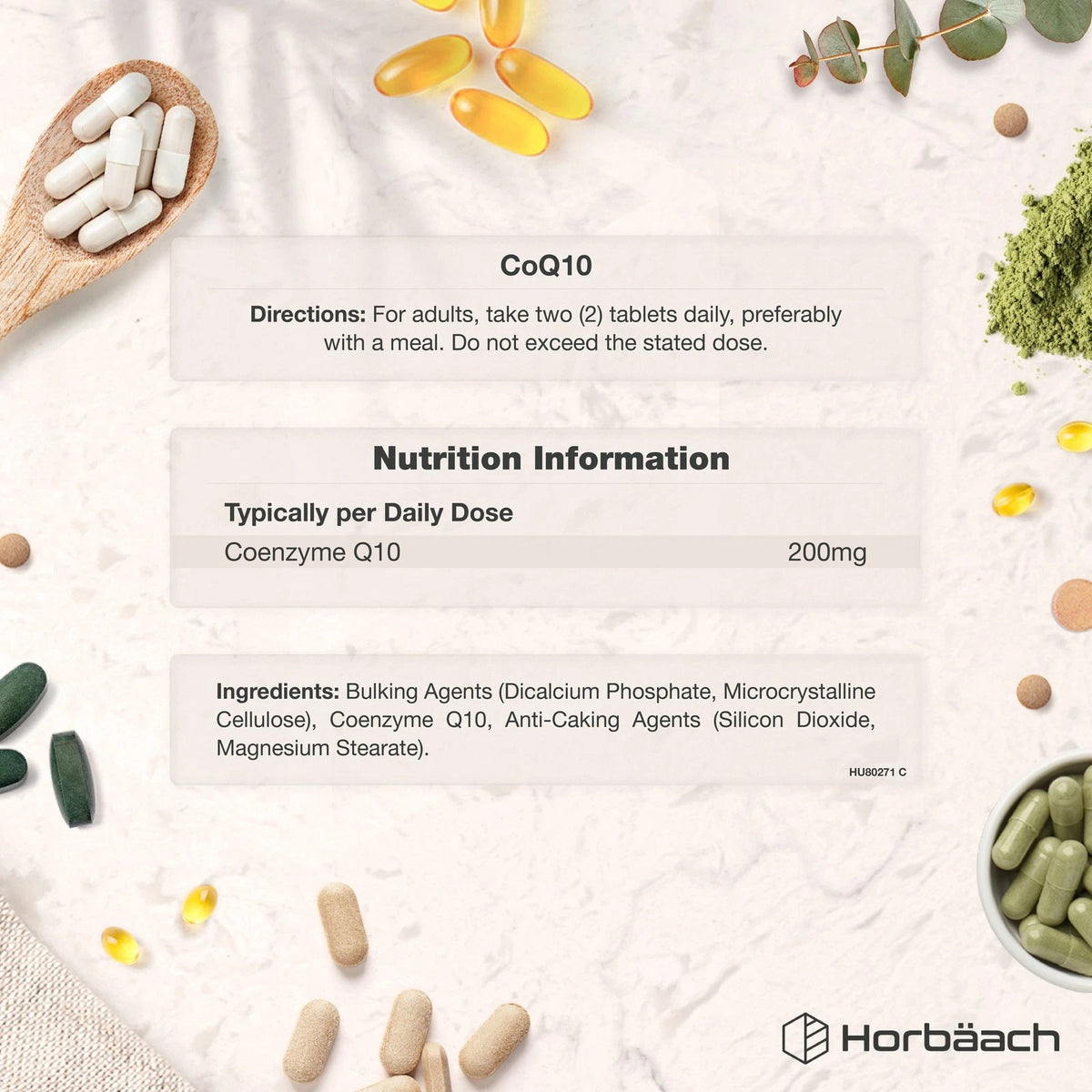 Coenzyme Q10 200mg bottle showing directions for 2 tablets daily, nutrition details, and ingredients list.