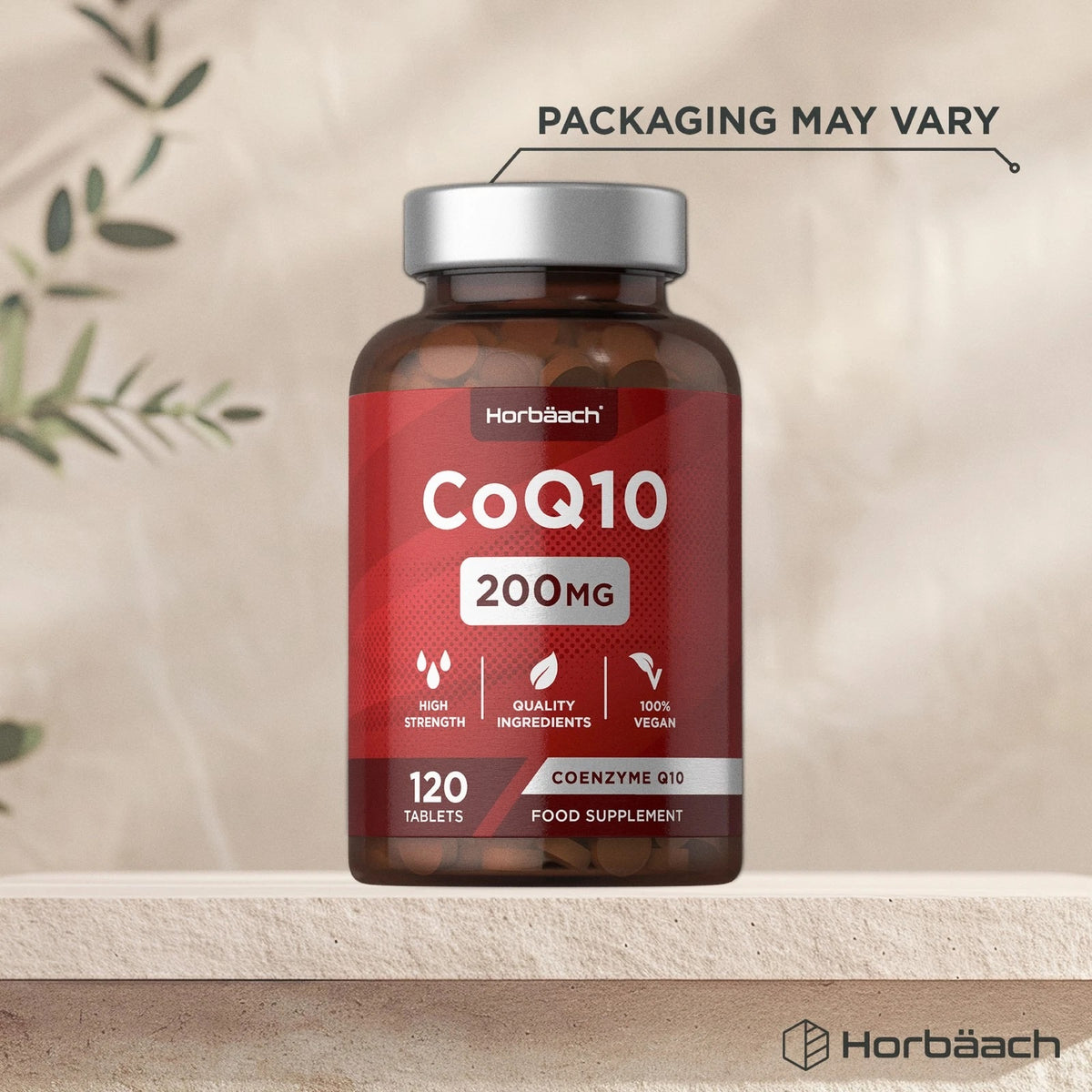 Bottle of CoQ10 200mg containing 120 vegan tablets. Supplement to support energy levels and antioxidant protection.