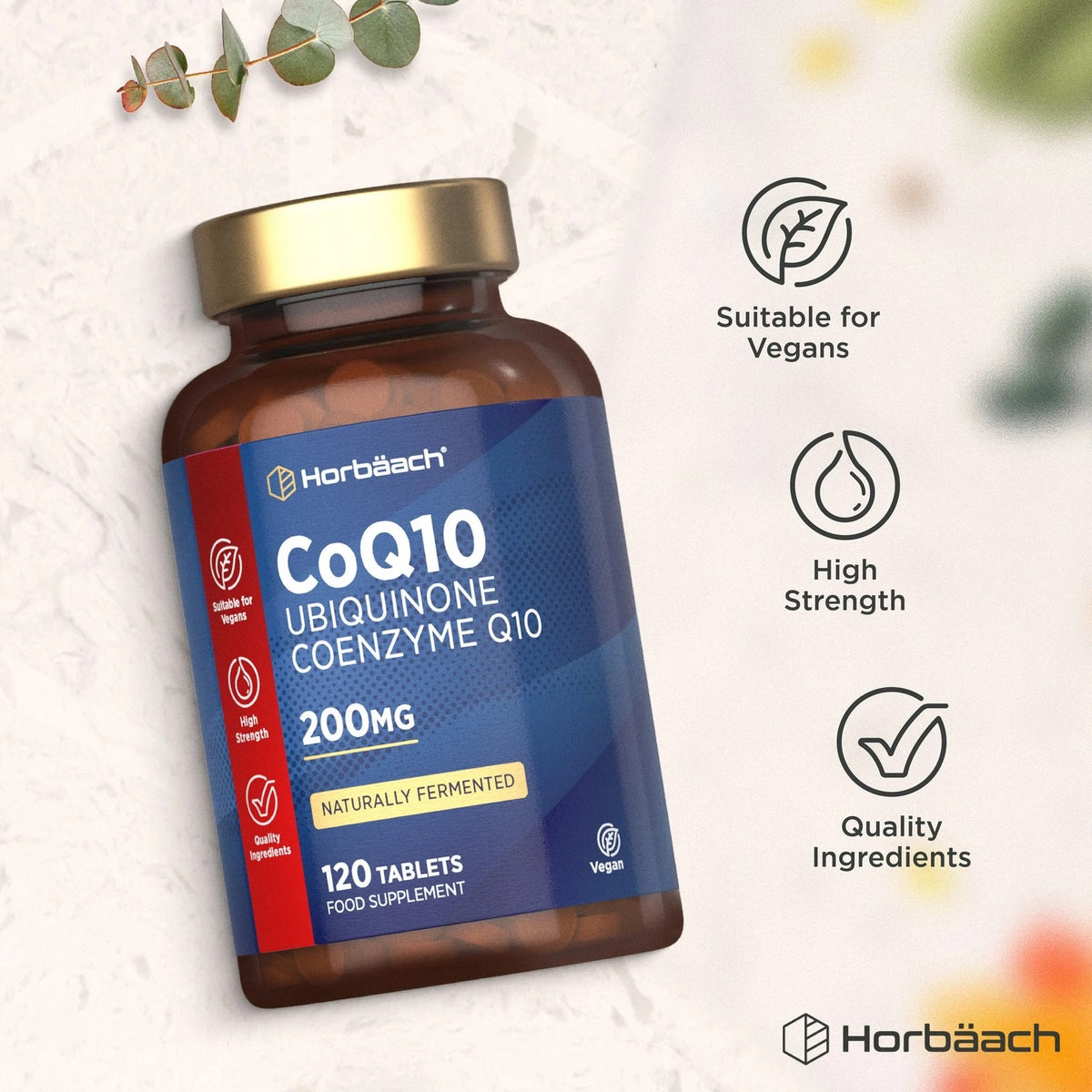 Product image of HU Coenzyme Q10 Ubiquinone 200mg with 120 vegan tablets.