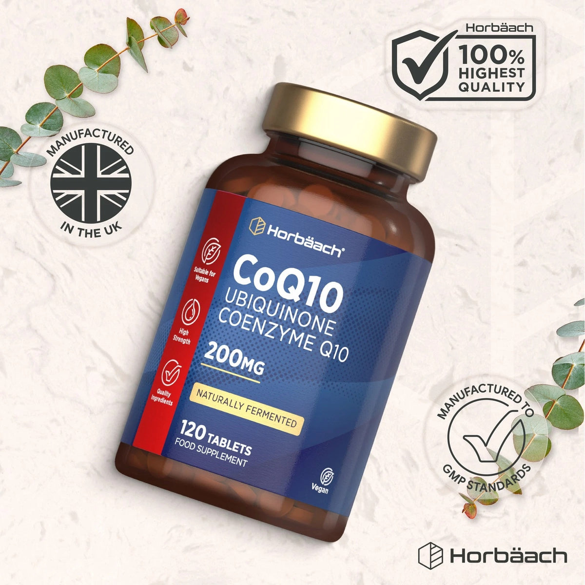Horbäach CoQ10 Ubiquinone Coenzyme Q10 200mg supplement with 120 tablets.