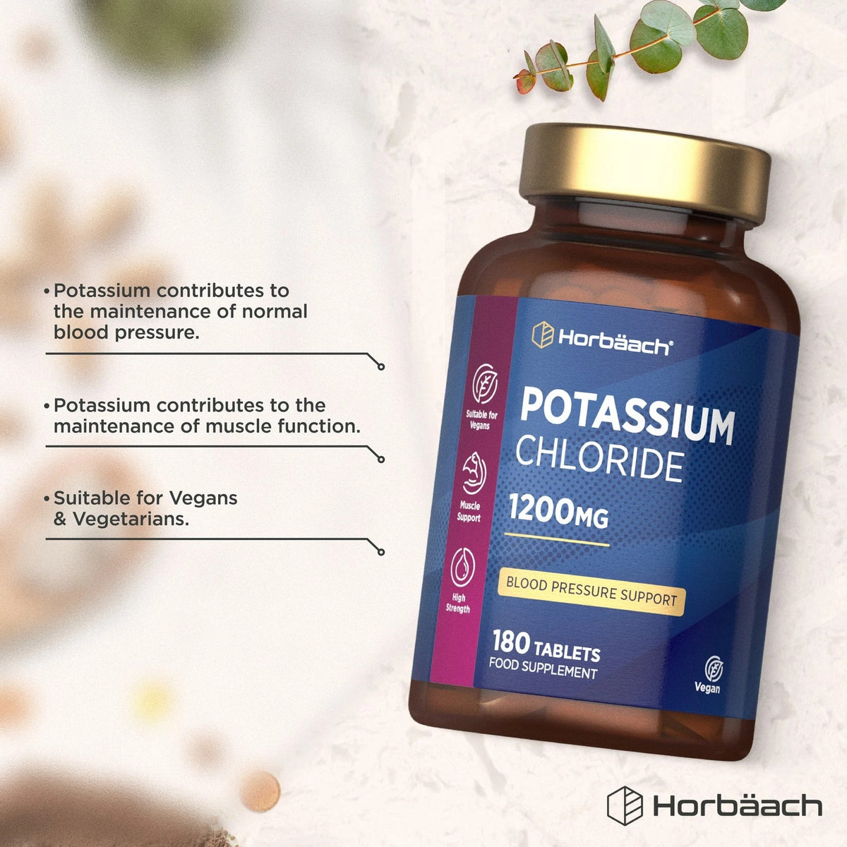 Horbäach Potassium Chloride 1200MG bottle with 180 tablets, a vegan supplement for blood pressure support.