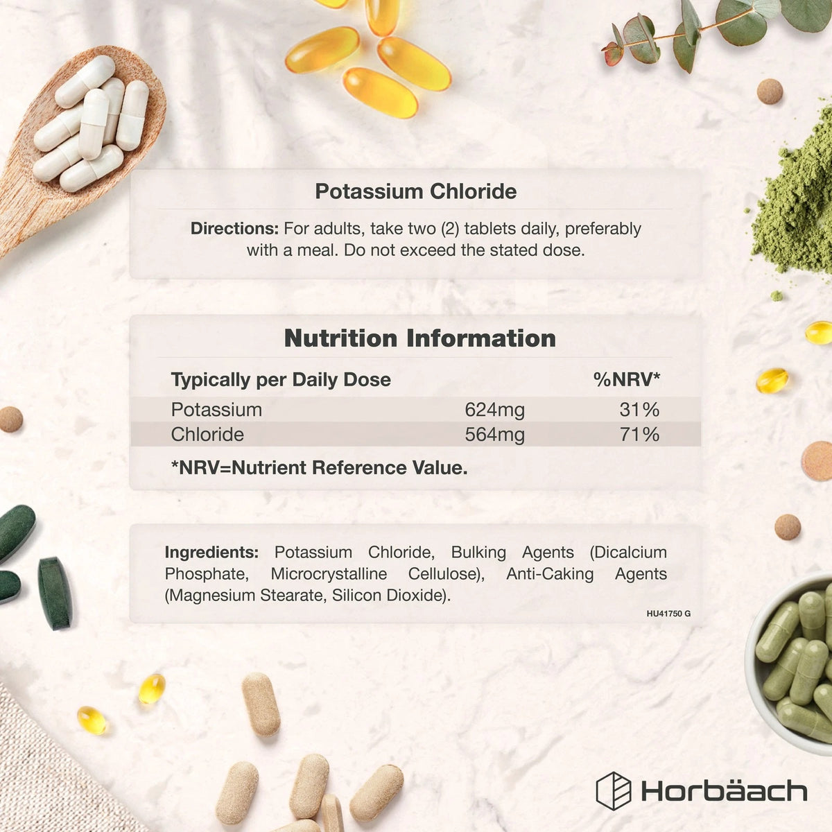 Potassium Chloride tablets with directions to take two daily. Contains 624mg Potassium, 564mg Chloride. Ingredients listed.