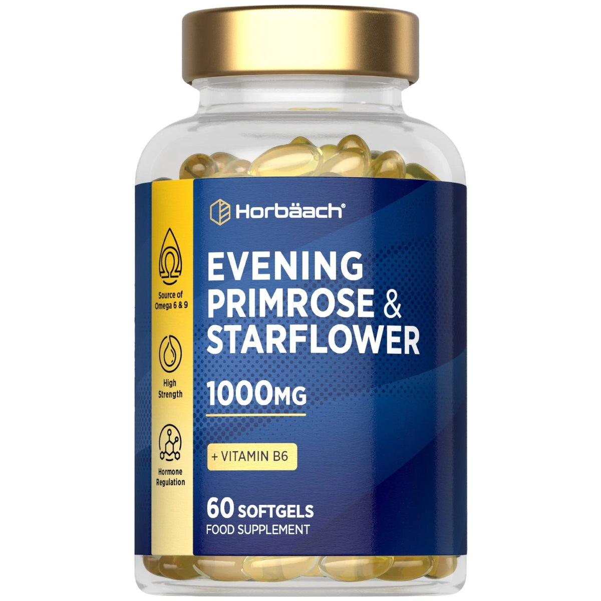 Horbäach Evening Primrose & Starflower 1000mg with Vitamin B6, 60 softgels. A source of Omega 6 and Omega 9.