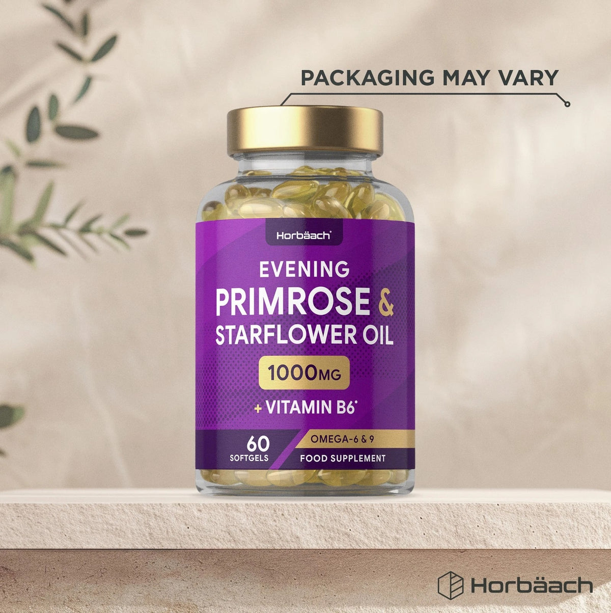 Horbäach Evening Primrose & Starflower Oil 1000MG 60 Softgels, with Vitamin B6, Omega-6 & 9 food supplement.