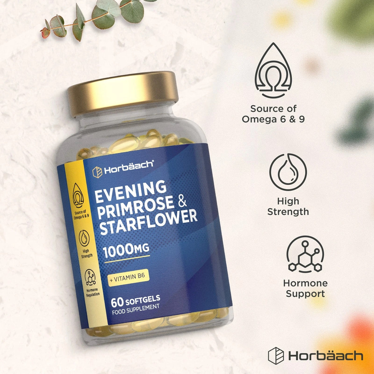 Bottle of Evening Primrose & Starflower 1000mg with Vitamin B6, containing 60 softgels. It is a food supplement.