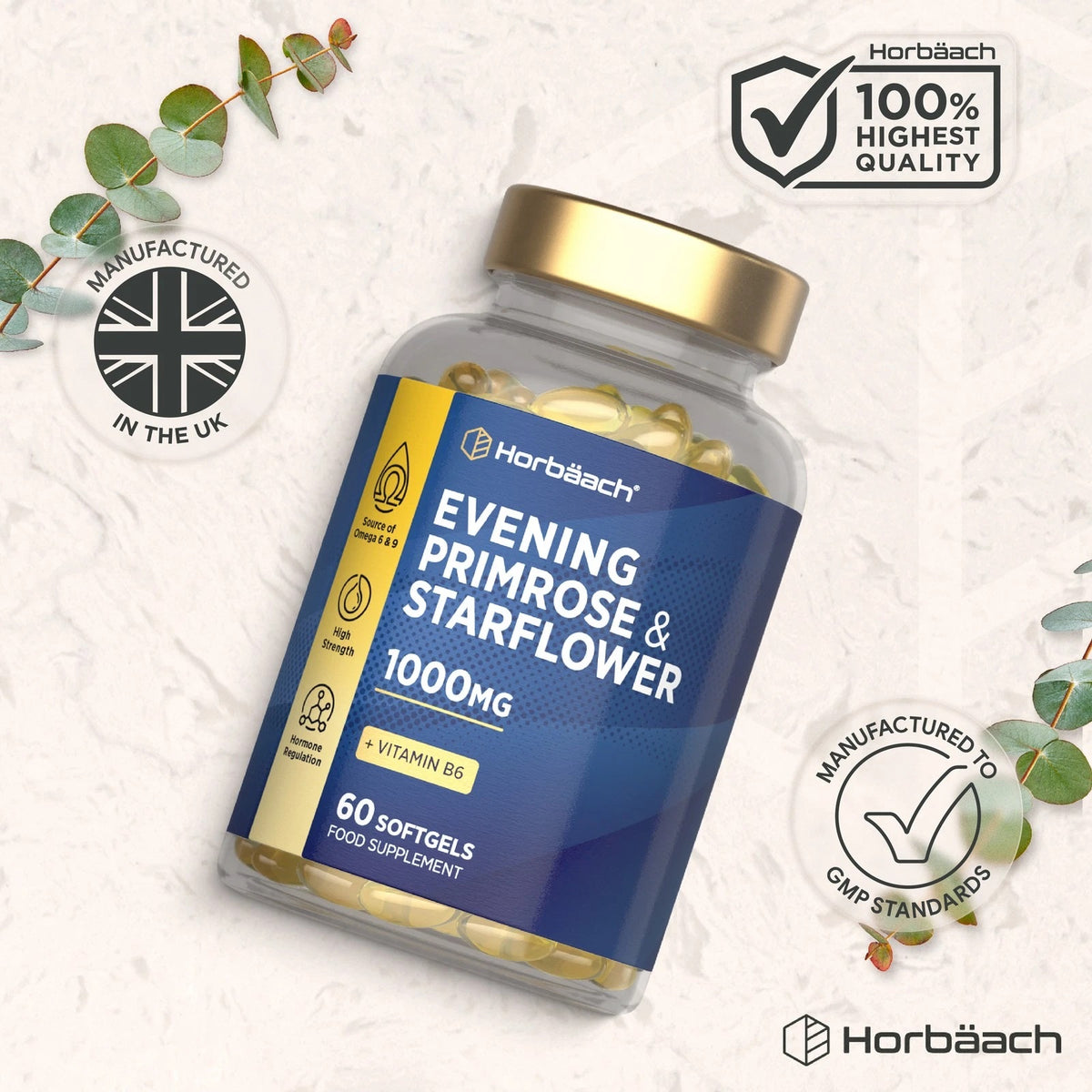 Horbäach Evening Primrose & Starflower 1000mg, 60 softgels shown in product packaging.