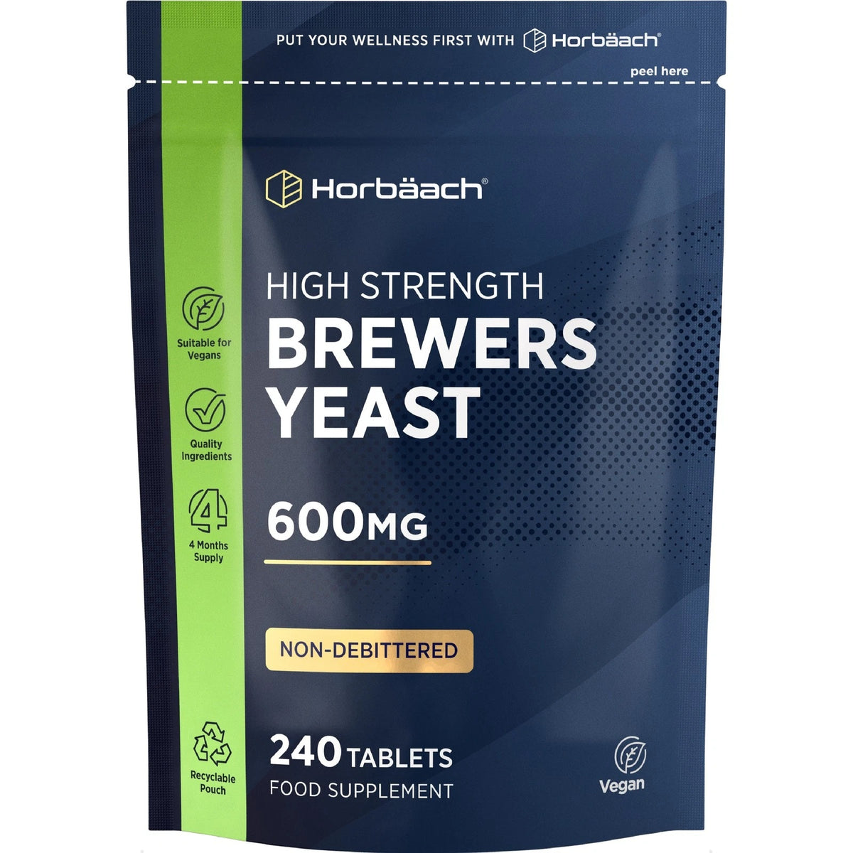 Horbäach High Strength Brewers Yeast 600MG, 240 Tablets, Vegan Supplement. Non-Debittered, in a Recyclable Pouch.