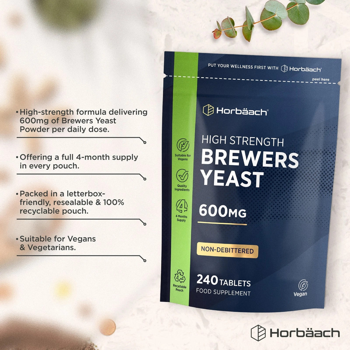 High Strength Brewers Yeast 600mg, Non-Debittered, 240 Vegan Tablets Food Supplement in a pouch.