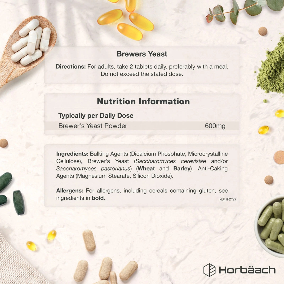 Brewers Yeast 600mg product graphic detailing directions to take 2 tablets daily, nutrition, ingredients, and allergen warning.