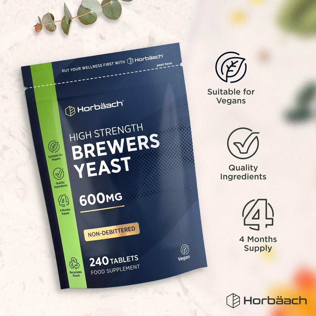 High Strength Brewers Yeast 600mg, 240 Tablets, Food Supplement. Non-Debittered, Vegan, Quality Ingredients, 4 Months Supply, Recyclable Pouch.