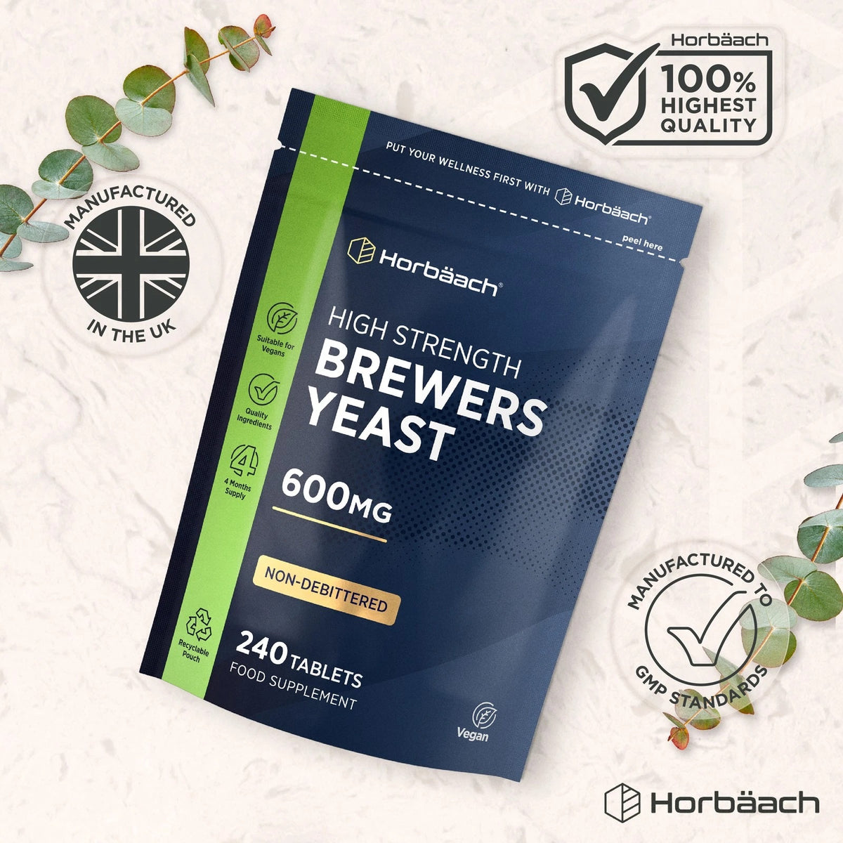 Horbäach High Strength Brewers Yeast 600mg, 240 Vegan Tablets in a non-debittered, recyclable pouch as a food supplement.