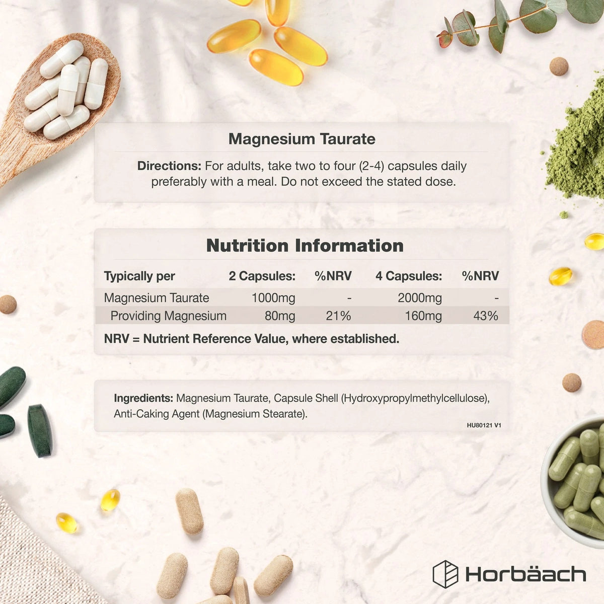 Magnesium Taurate 2000mg 90 Vegan Capsules with nutrition facts, directions, and ingredients displayed in product graphic.