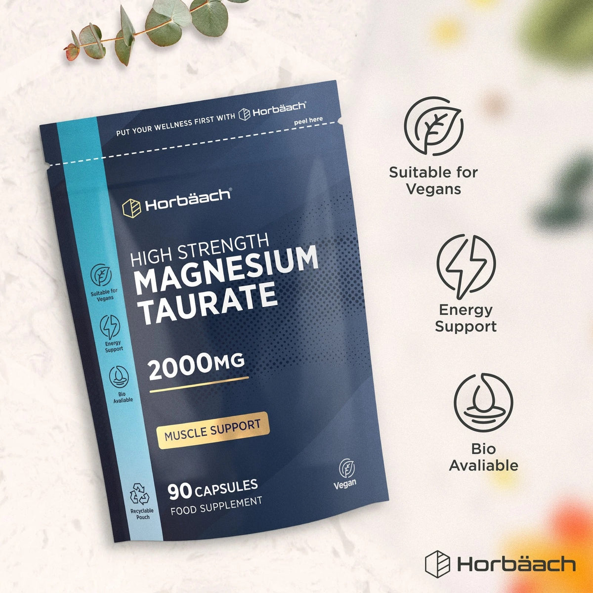 Magnesium Taurate 2000mg, 90 Vegan Capsules: Supports muscles, energy, and bioavailability. Comes in a recyclable pouch.
