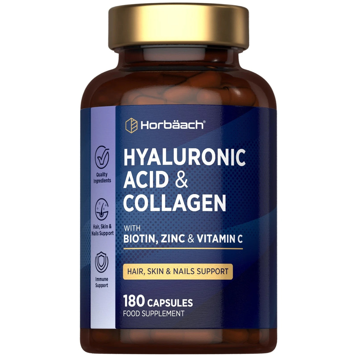 Horbäach Hyaluronic Acid & Collagen with Biotin, Zinc & Vitamin C, 180 Capsules. Supports hair, skin, nails, and immunity.
