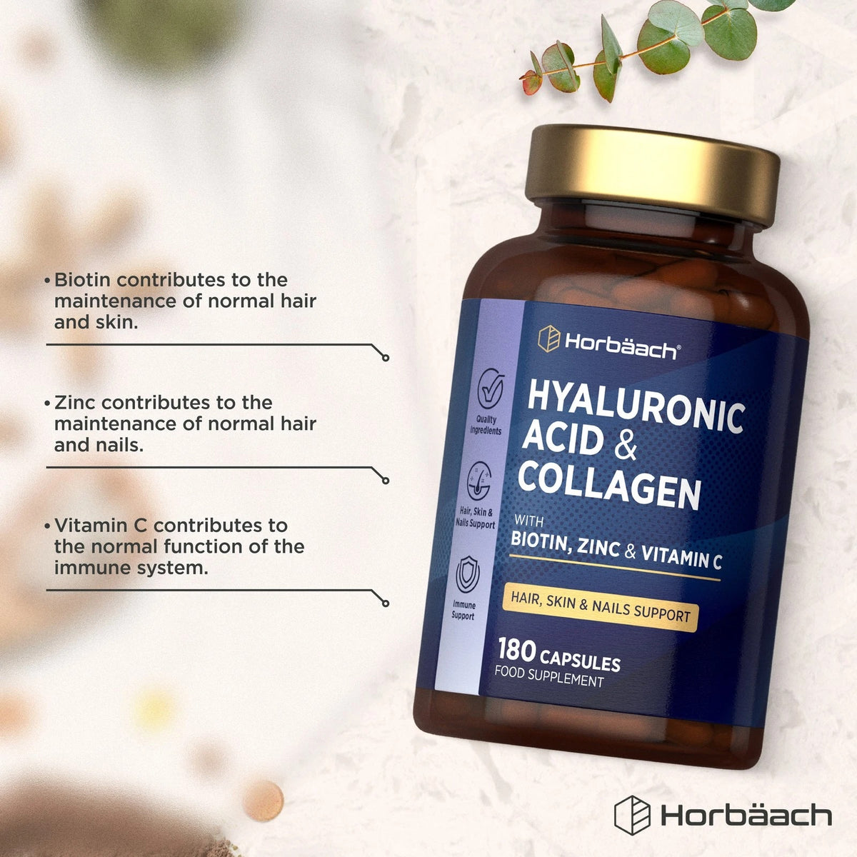 Hyaluronic Acid & Collagen with Biotin, Zinc & Vitamin C supplement for hair, skin, and nails support; 180 capsules.