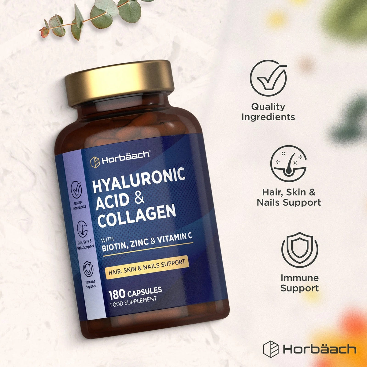 Horbäach Hyaluronic Acid & Collagen with Biotin, Zinc, and Vitamin C, 180 capsules as a food supplement.