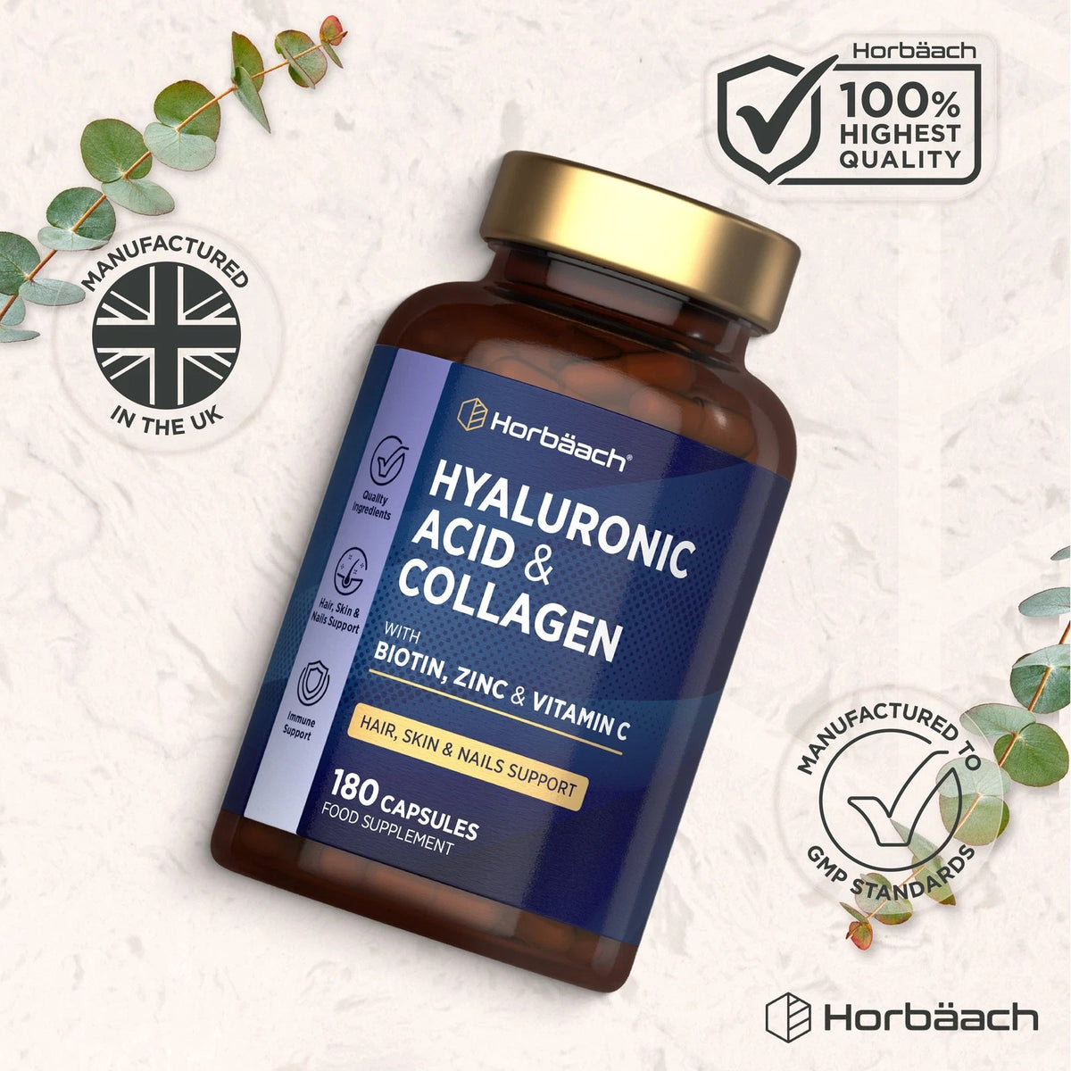 HU Hyaluronic Acid Collagen Complex, 180 capsules bottle.