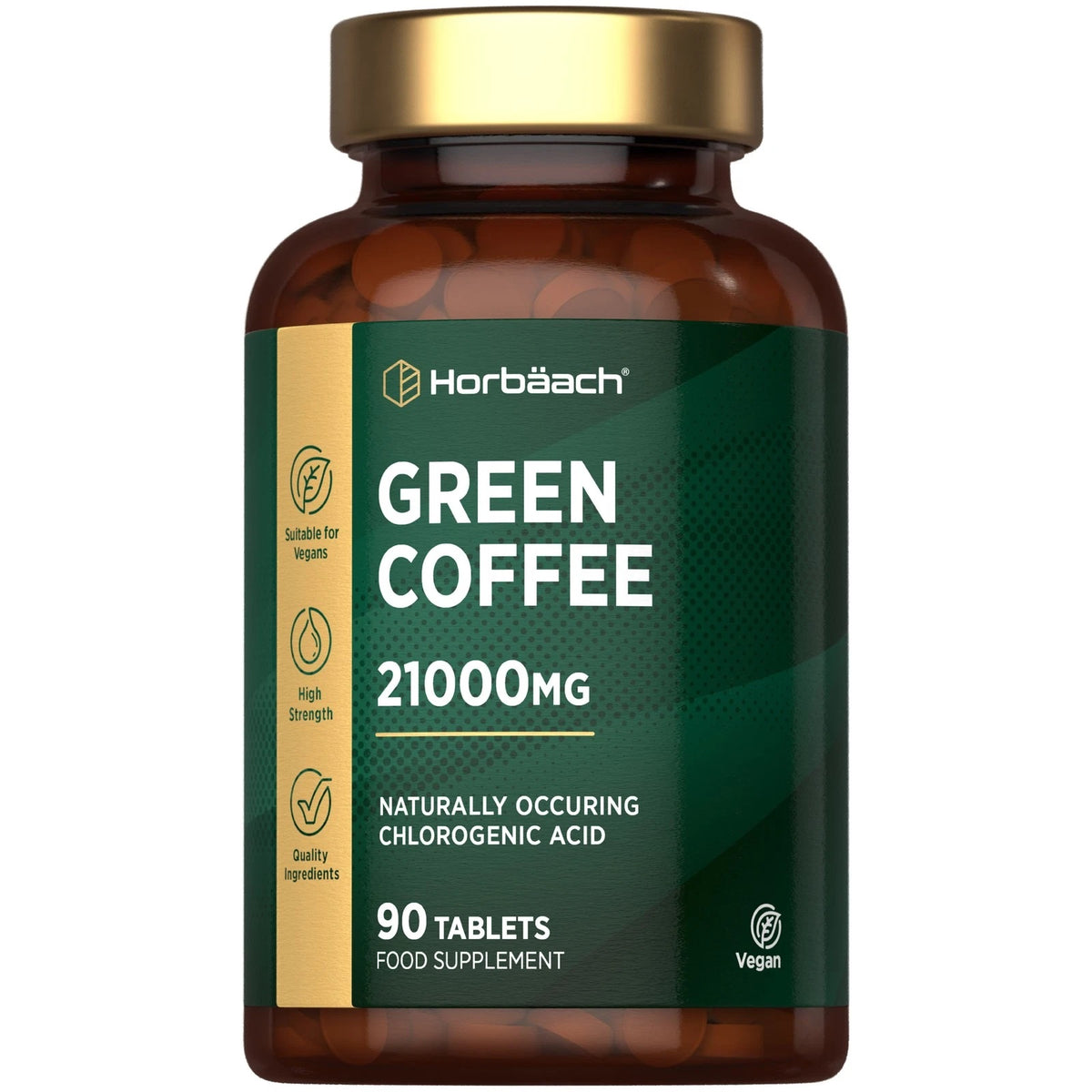 Green Coffee Bean 21000mg 90 Vegan Tablets. Food supplement with naturally occurring chlorogenic acid.